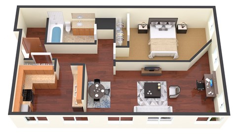 Floor plan for 1 bed, 1 bath, 722 sqft